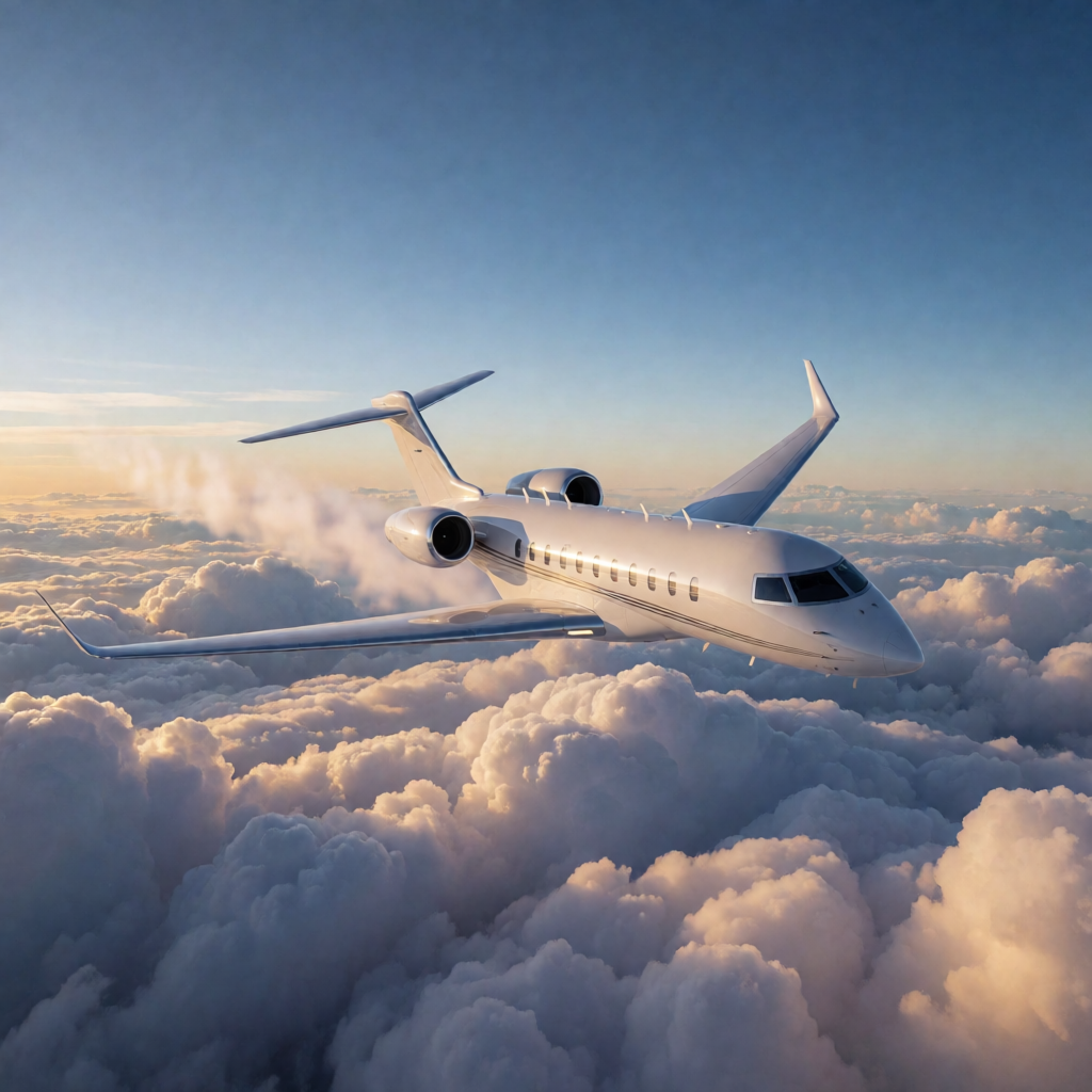 Private jet flying above the clouds